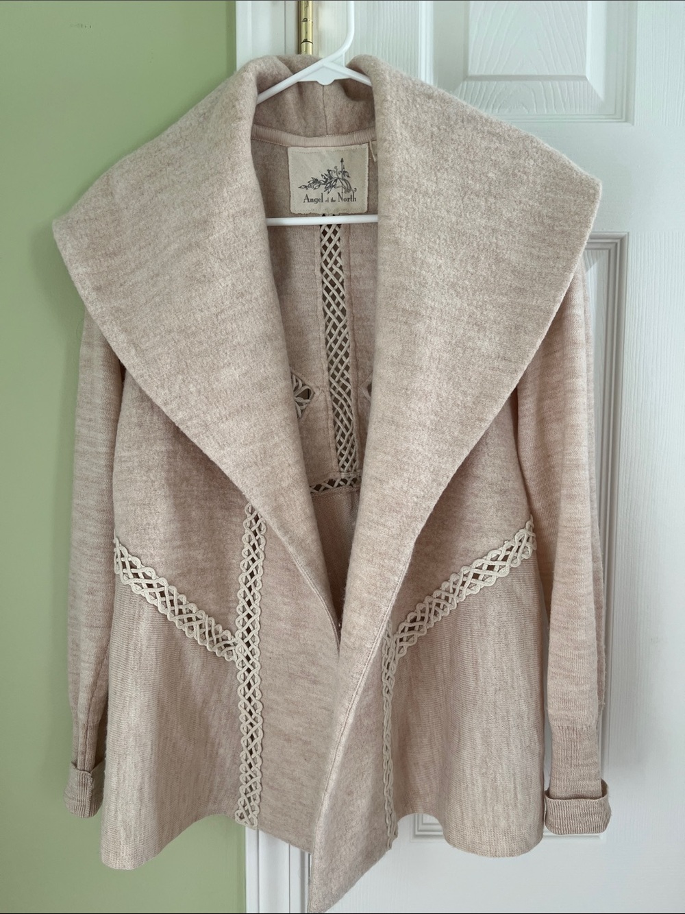 Angel Of The North (Anthro) Cream Shawl-Collar Open Cardigan with Braided Trim